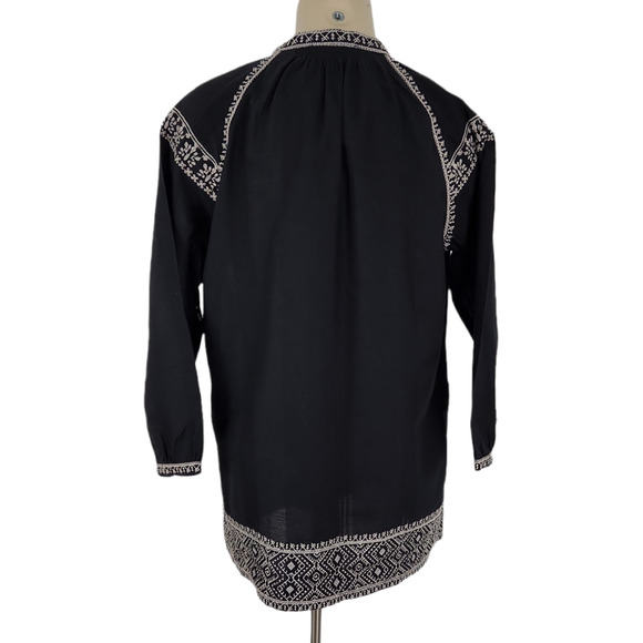 Madewell Camelia Boho Tunic Top XS Black White Cotton Embroidered Tassels V-Neck - Picture 4 of 8